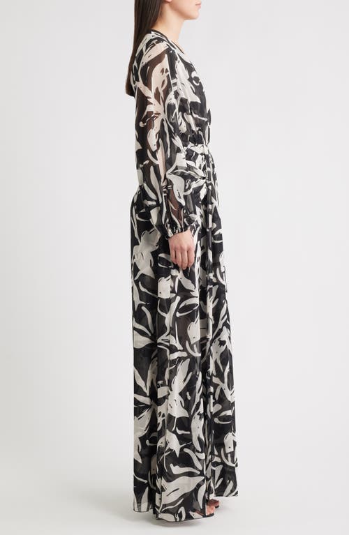Chiara Boni La Petite Robe Simin Floral Long Sleeve Georgette Gown In Black