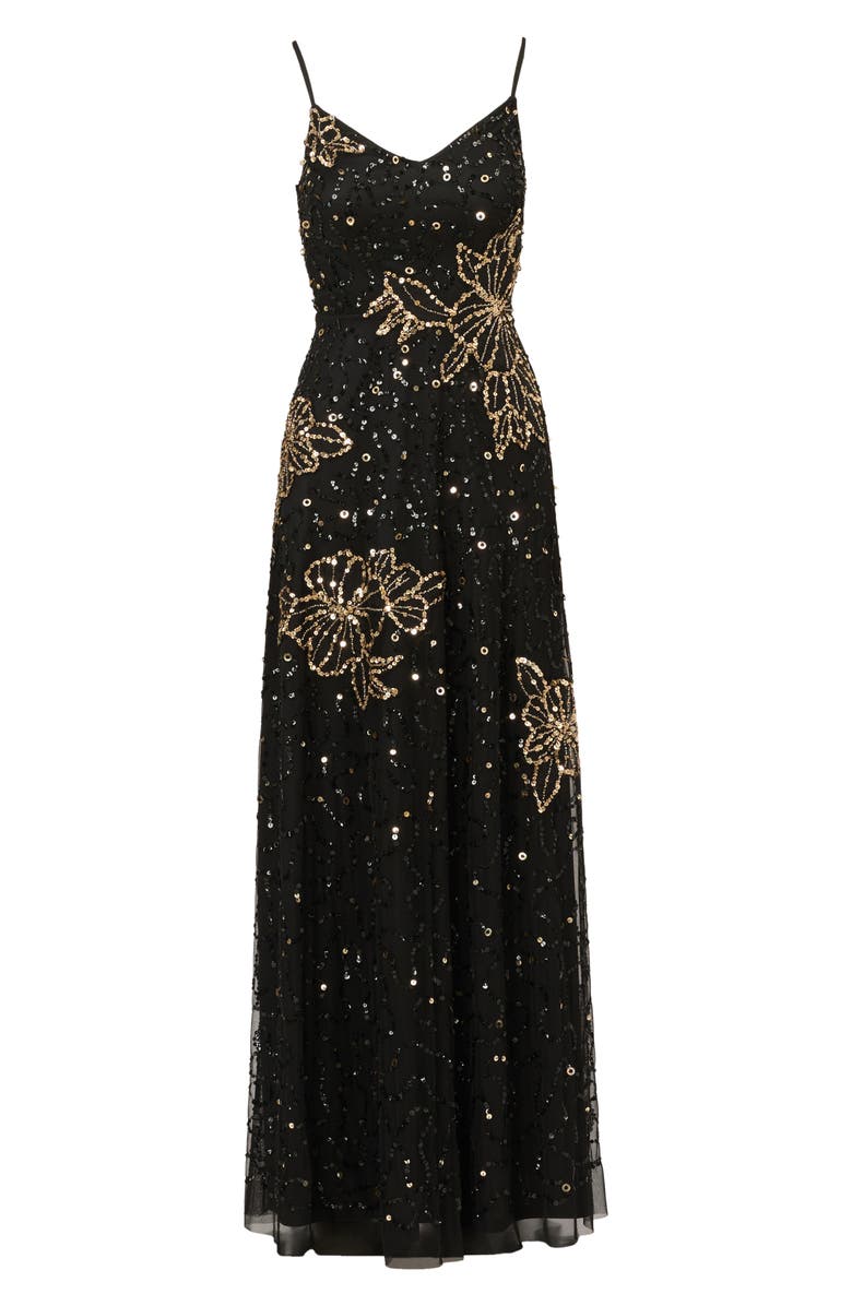 Adrianna Papell Sequin & Bead Floral Mesh Gown, Alternate, color, Black/ Gold