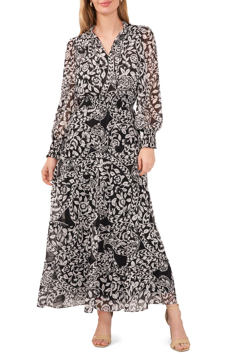 Smocked Waist Long Sleeve Tiered Midi Dress, Main, color, BLACK/WHITE