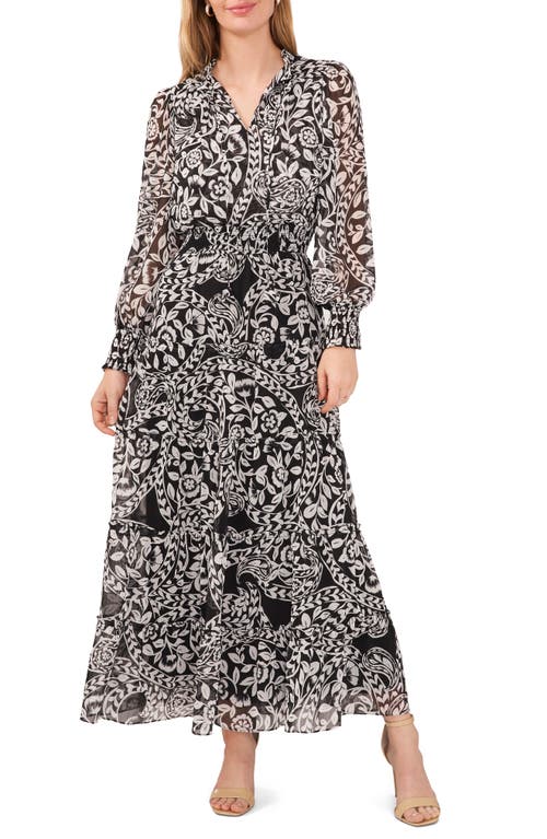 Chaus Smocked Waist Long Sleeve Tiered Midi Dress In Black