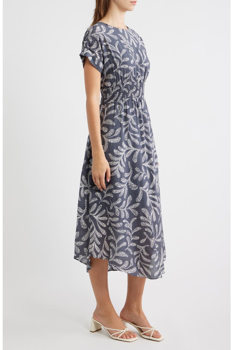 Leaf Print Smock Waist Midi Dress, Alternate, color, GREY/ IVORY