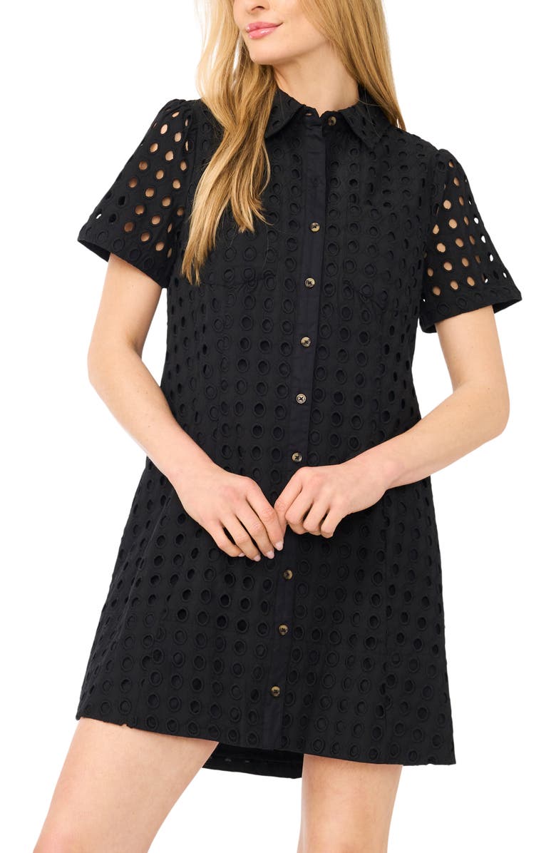 CeCe Cotton Eyelet Mini Shirtdress, Alternate, color, Rich Black