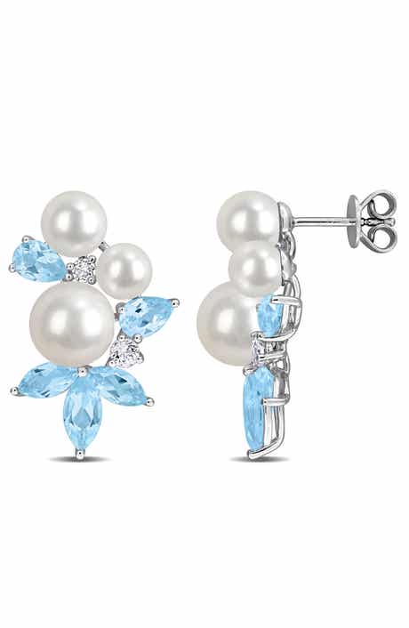 Cultured Freshwater Pearl and Blue Stone Drop Earrings
