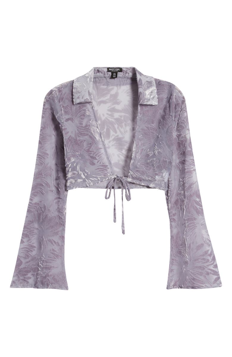 NASTY GAL Devoré Tie Front Velvet Jacquard Crop Top, Alternate, color, Lilac