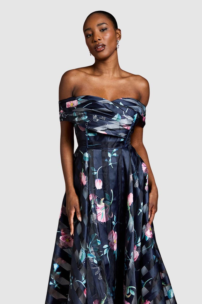 Stripe Organza Pleat Top Midi Dress, Alternate, color, Navy