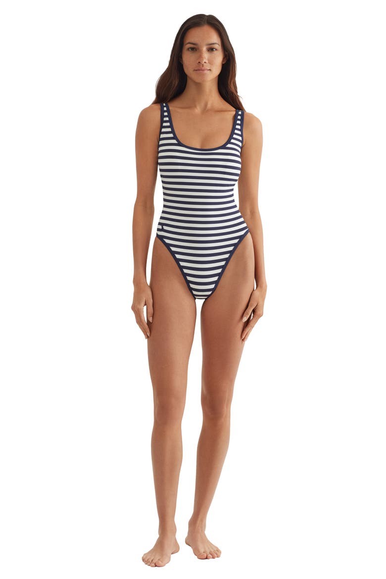 Stripe Scoop One-Piece Swimsuit, Alternate, color, WHITE/ NAVY