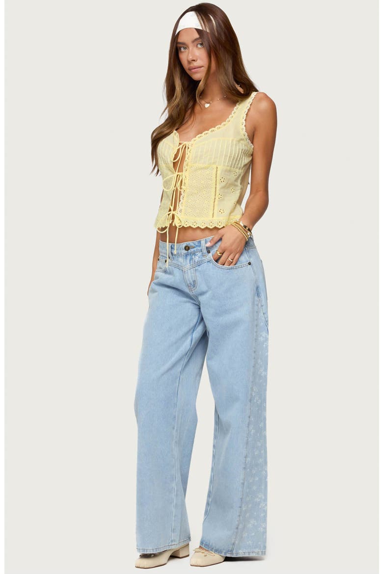 Floral Panel Low Rise Wide Leg Jeans, Alternate, color, BLUE-WASHED