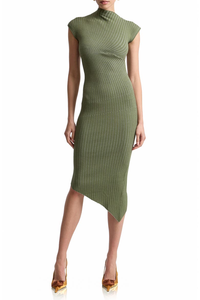 Radial Rib Asymmetric Hem Midi Dress, Main, color, OLIVE MULTI