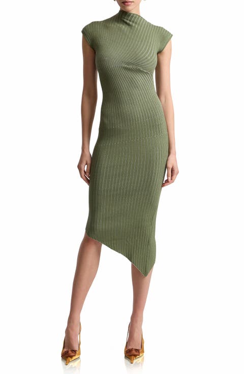 Radial Rib Asymmetric Hem Midi Dress