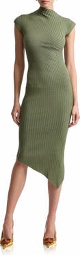 Avec Les Filles Radial Rib Asymmetric Hem Midi Dress