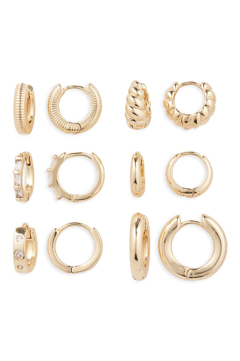 Set of 6 Assorted Huggie Hoop Earrings, Main, color, CLEAR- GOLD