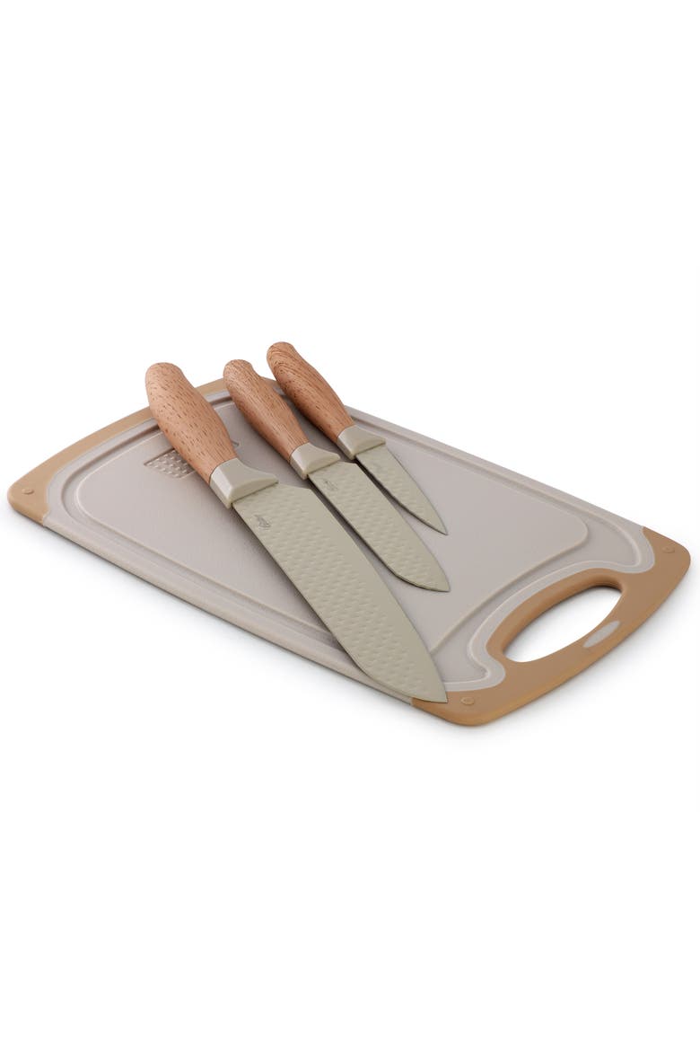 4pc Stainless Steel Cutlery and Cutting Board Set Brown, Alternate, color, Brown
