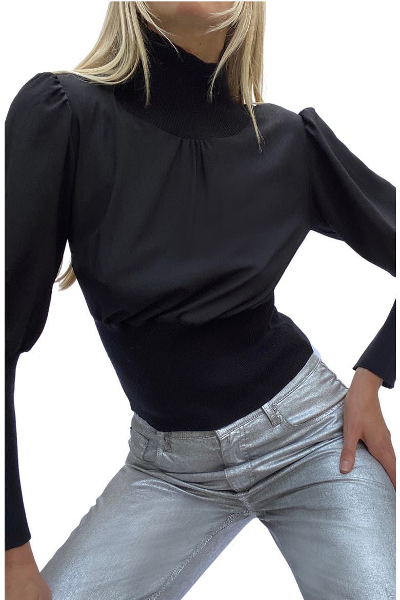 Krista Mixed Media Turtleneck Sweater, Alternate, color, BLACK