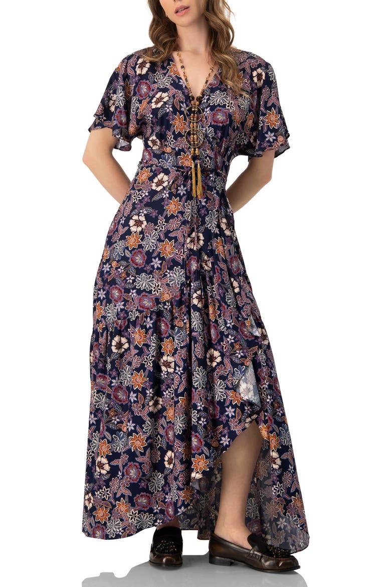 V-Neck Wrap Maxi Dress, Main, color, Multi-Brown