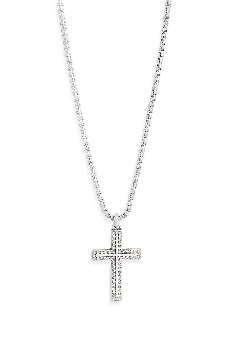 Steve Madden Cubic Zirconia Cross Pendant Necklace, Alternate, color, Shiny Rhodium