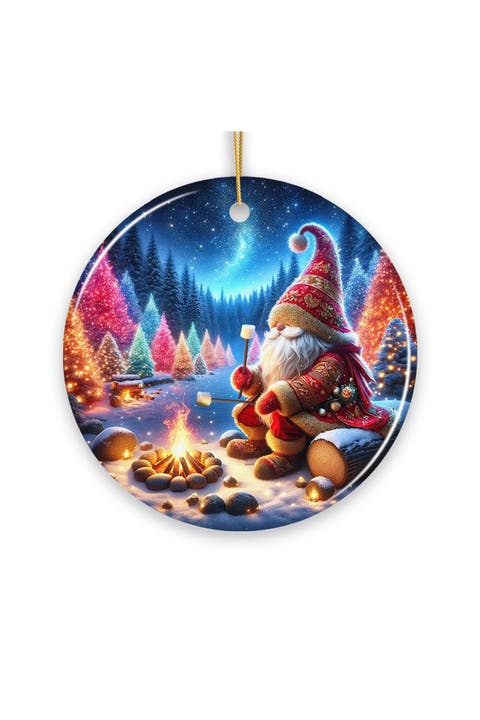 Starry Night Gnome Campfire Ceramic Ornament