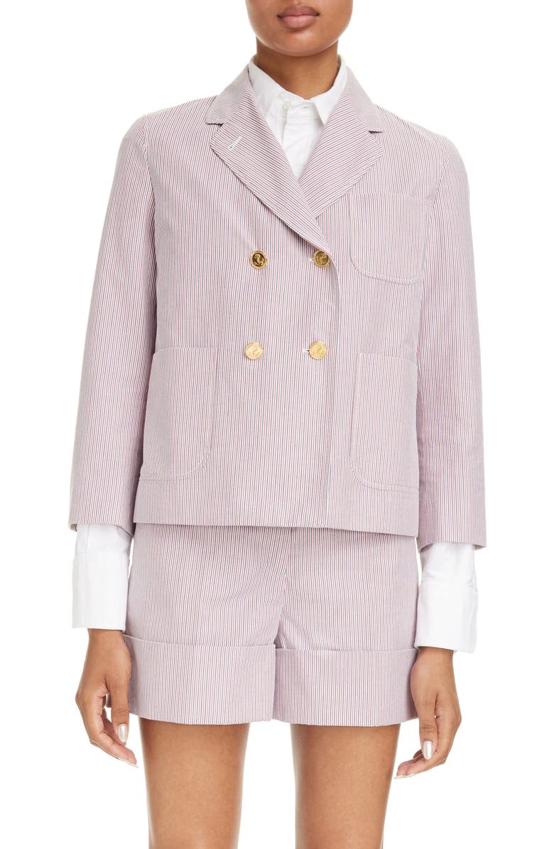 Thom Browne Unconstructed Fit Stripe Crop Double Breasted Blazer, Main, color, 