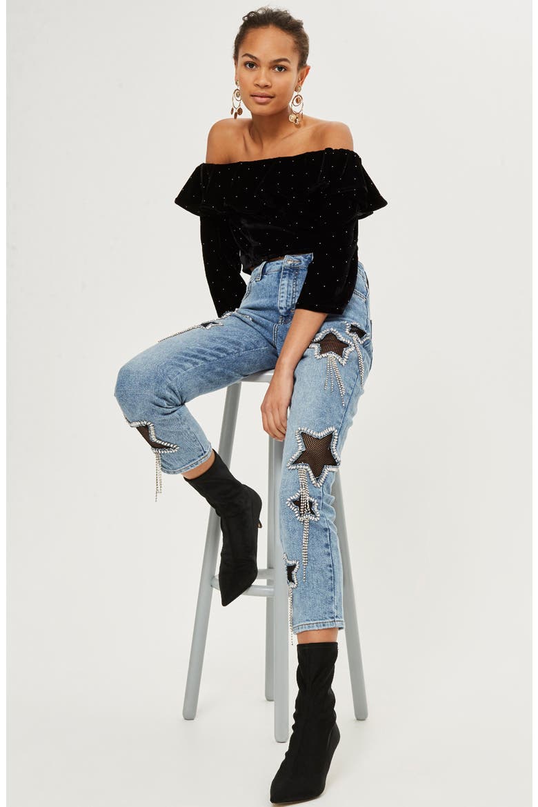 Bleach Diamante Star Jeans, Alternate, color, LIGHT DENIM
