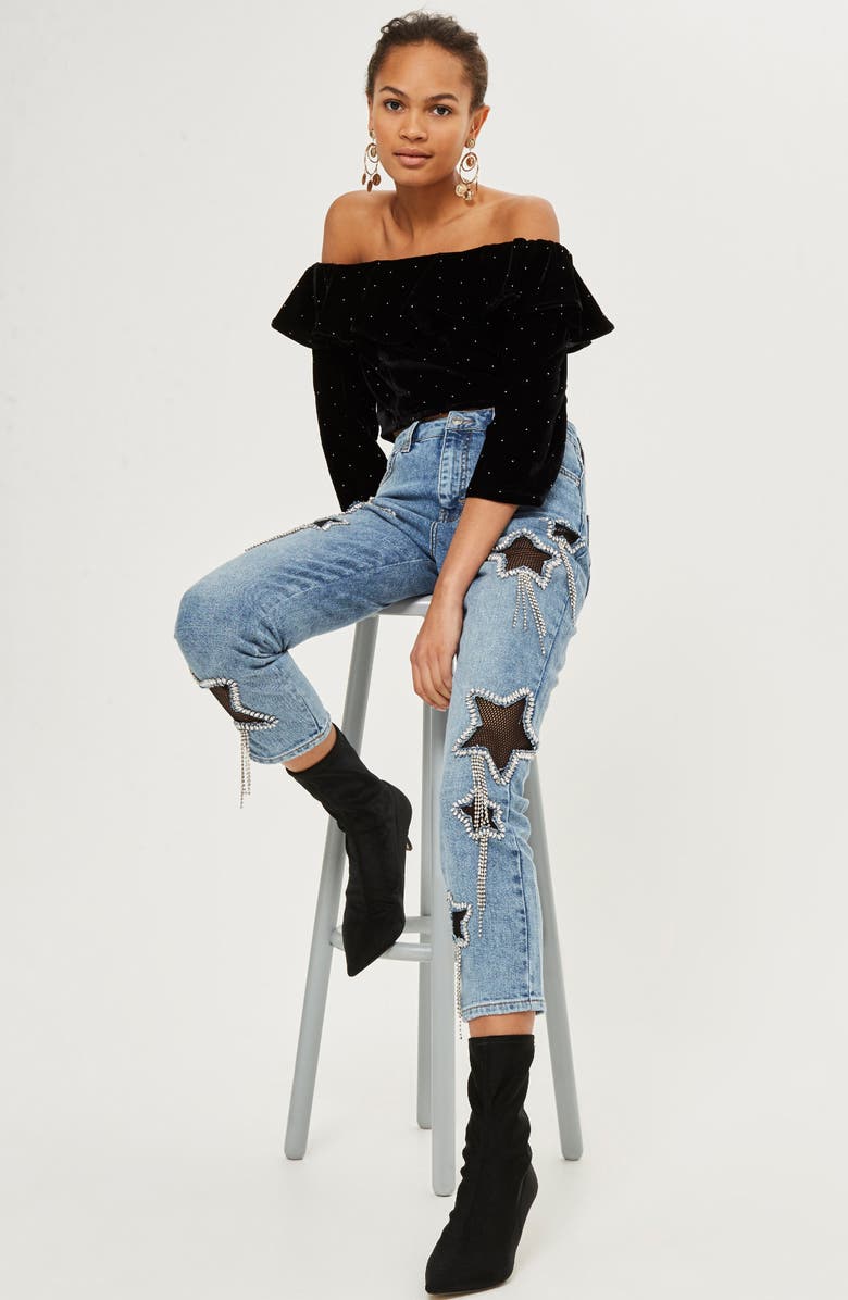 Topshop Bleach Diamante Star Jeans, Alternate, color,