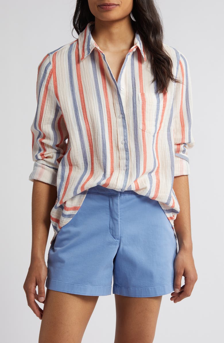 Caslon<sup>®</sup> Casual Gauze Button-Up Shirt, Main, color, Pink Beach- Red Napa Stripe