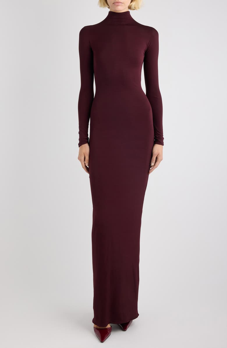 Alaïa Draped Long Sleeve Funnel Neck Gown, Main, color, Cognac