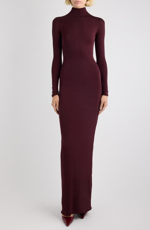 Draped Long Sleeve Funnel Neck Gown