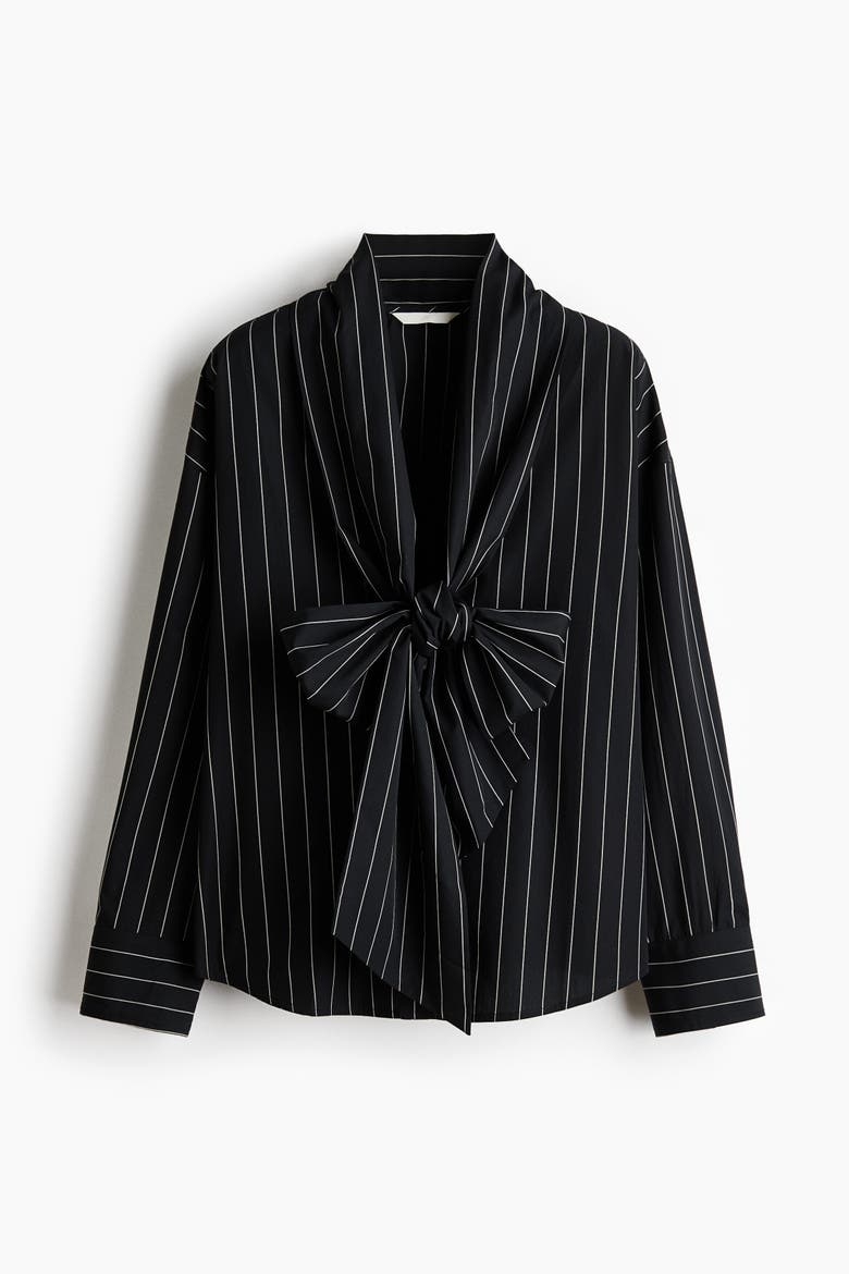 Cotton Blouse With Scarf Collar, Alternate, color, Black/pinstriped