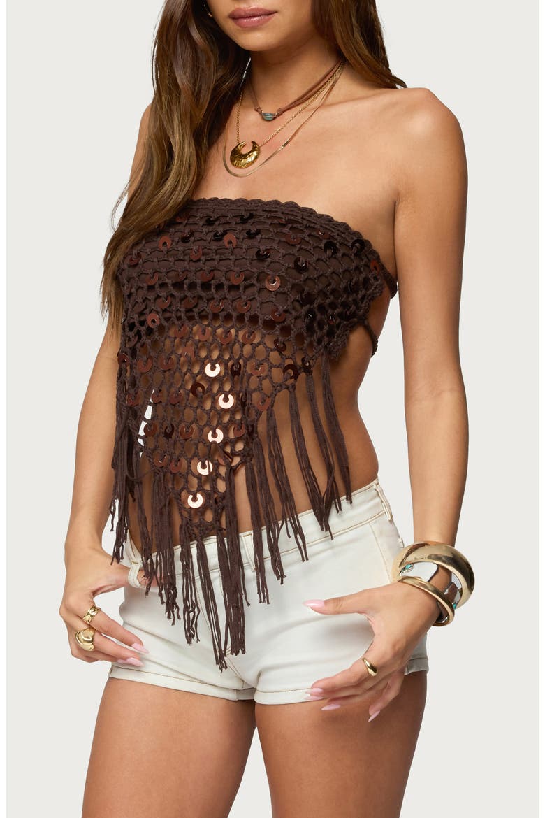 Handkerchief Open Back Crochet Top, Alternate, color, BROWN