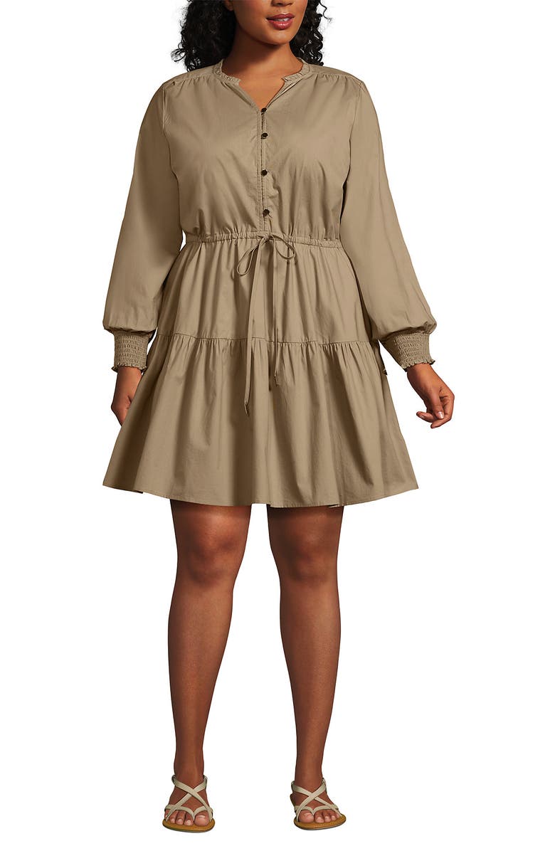 Lands' End Plus Size Long Sleeve Cotton Poplin Mini Popover Dress, Main, color, 