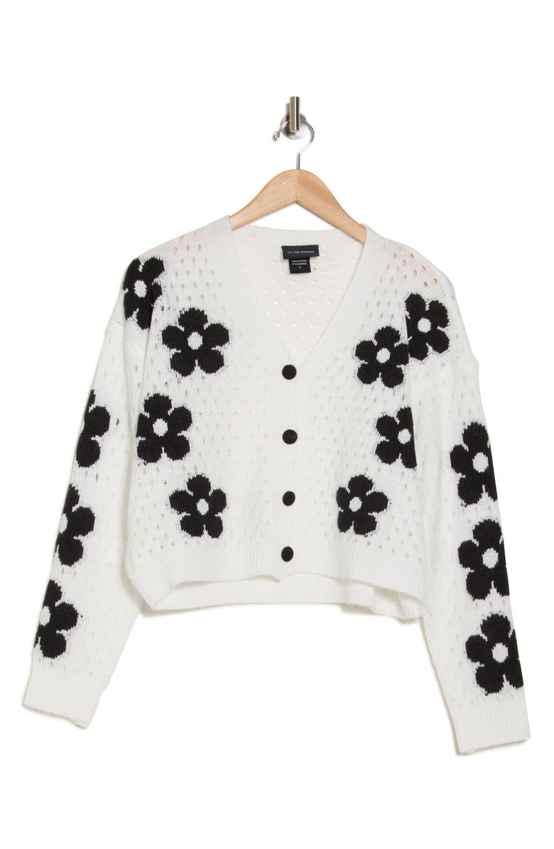 Forgotten Grace Floral Open Stitch Cardigan, Alternate, color, Ivory/ Black