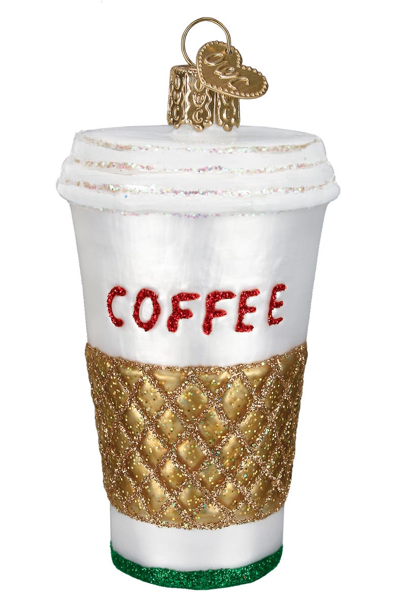 Old World Christmas Coffee to Go Glass Ornament, Main, color, White/ Gold/ Red