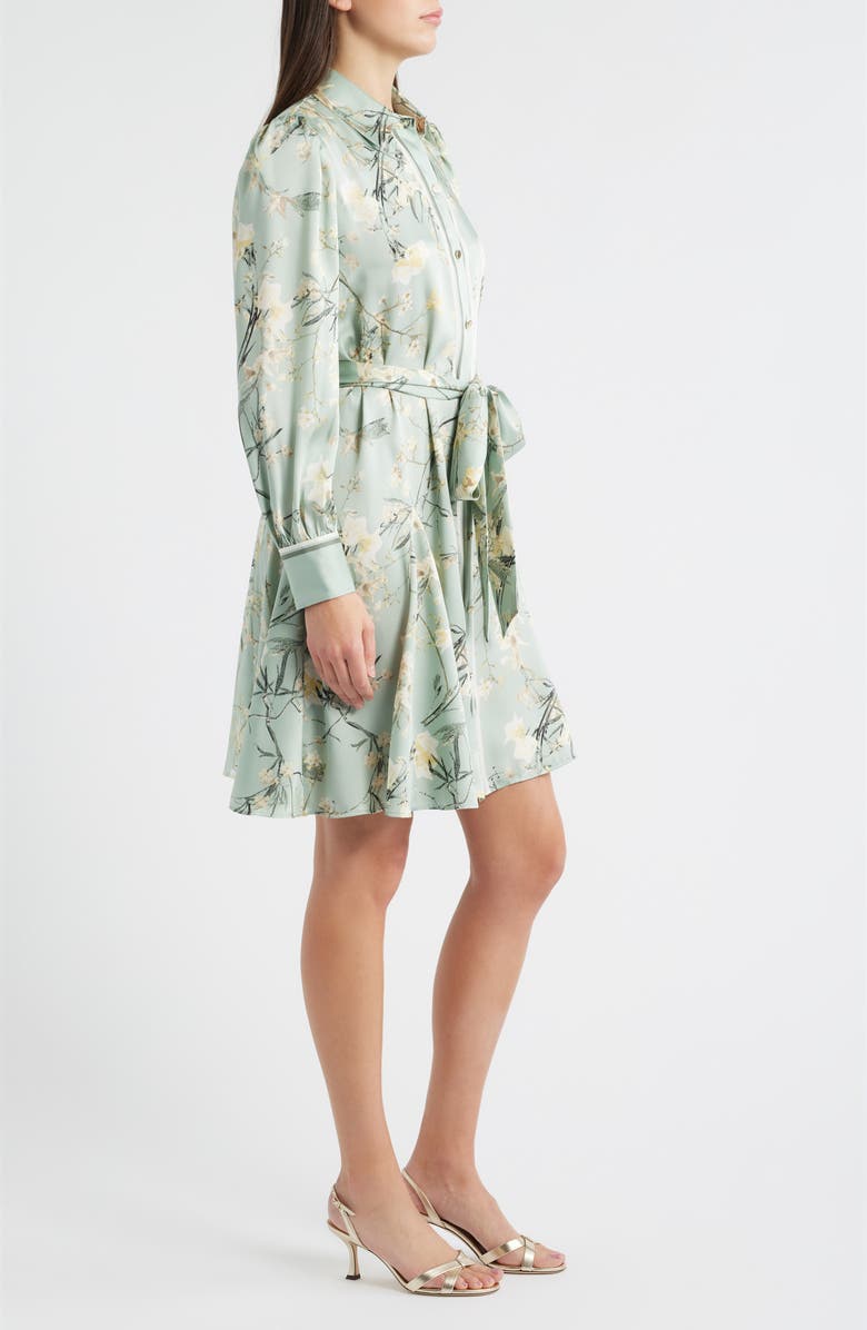 Anne Klein Long Sleeve Tie Belt Satin Twill Shirtdress, Alternate, color, Soft Aloe Multi