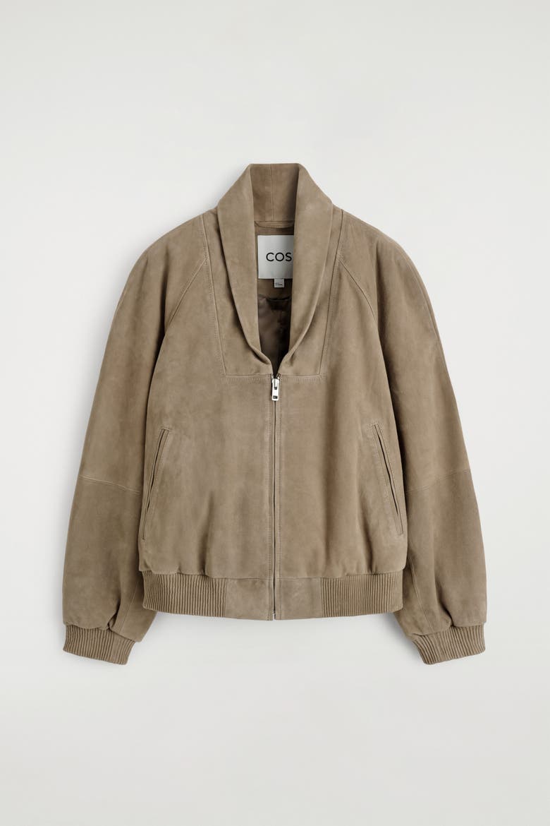 Shawl-collar Suede Bomber Jacket, Alternate, color, BEIGE
