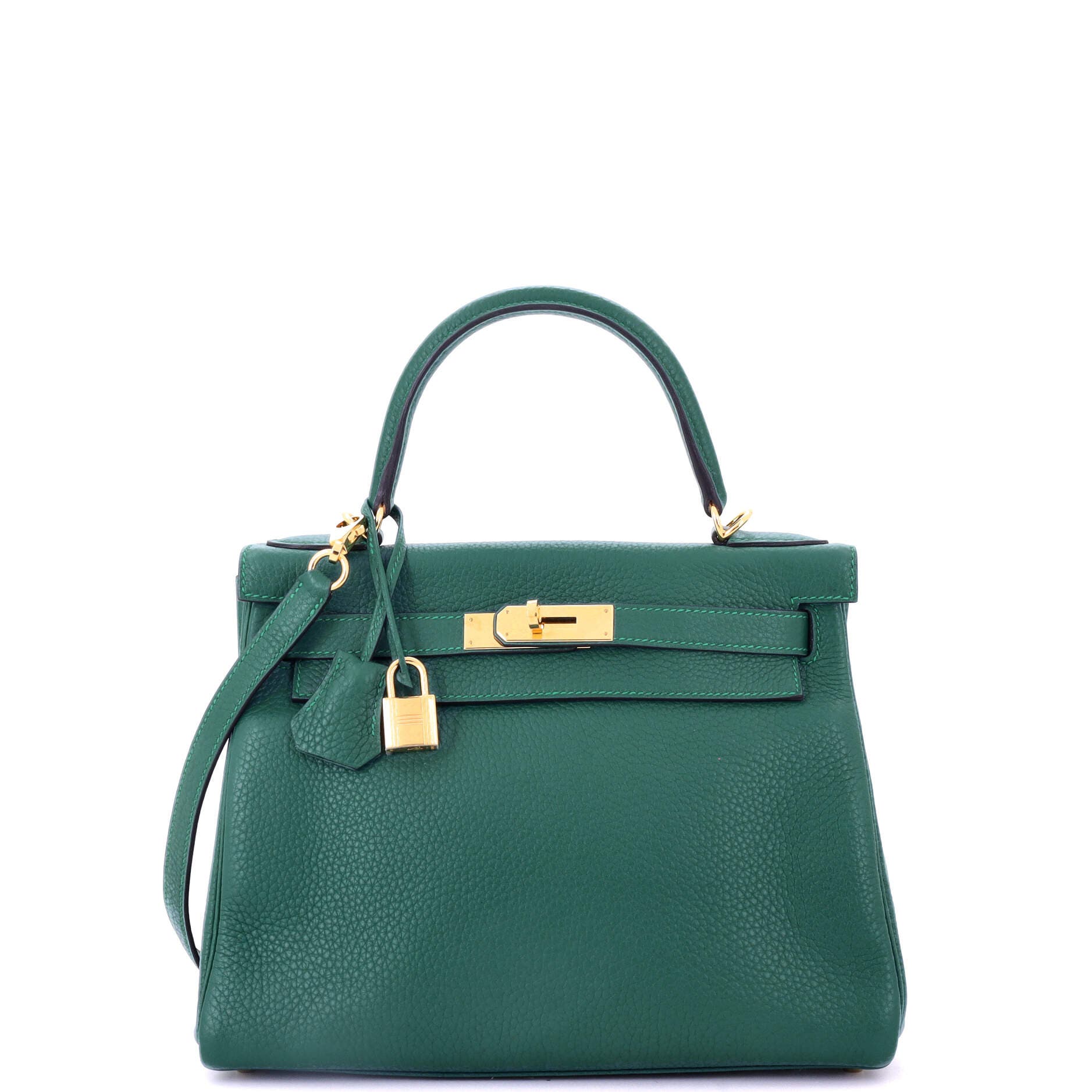 Pre-Owned Hermes Kelly Handbag Green Clemence with Gold Hardware 28, Main, color, Malachite