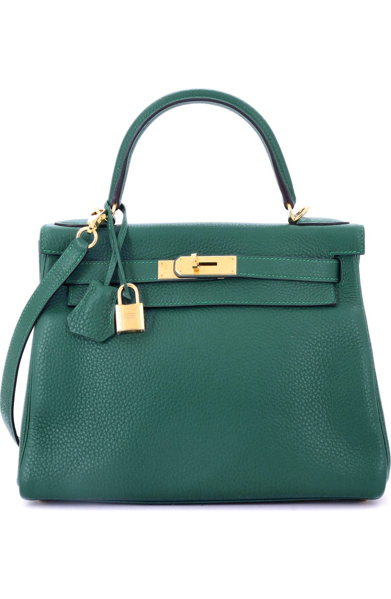 Pre-Owned Hermes Kelly Handbag Green Clemence with Gold Hardware 28, Main, color, Malachite