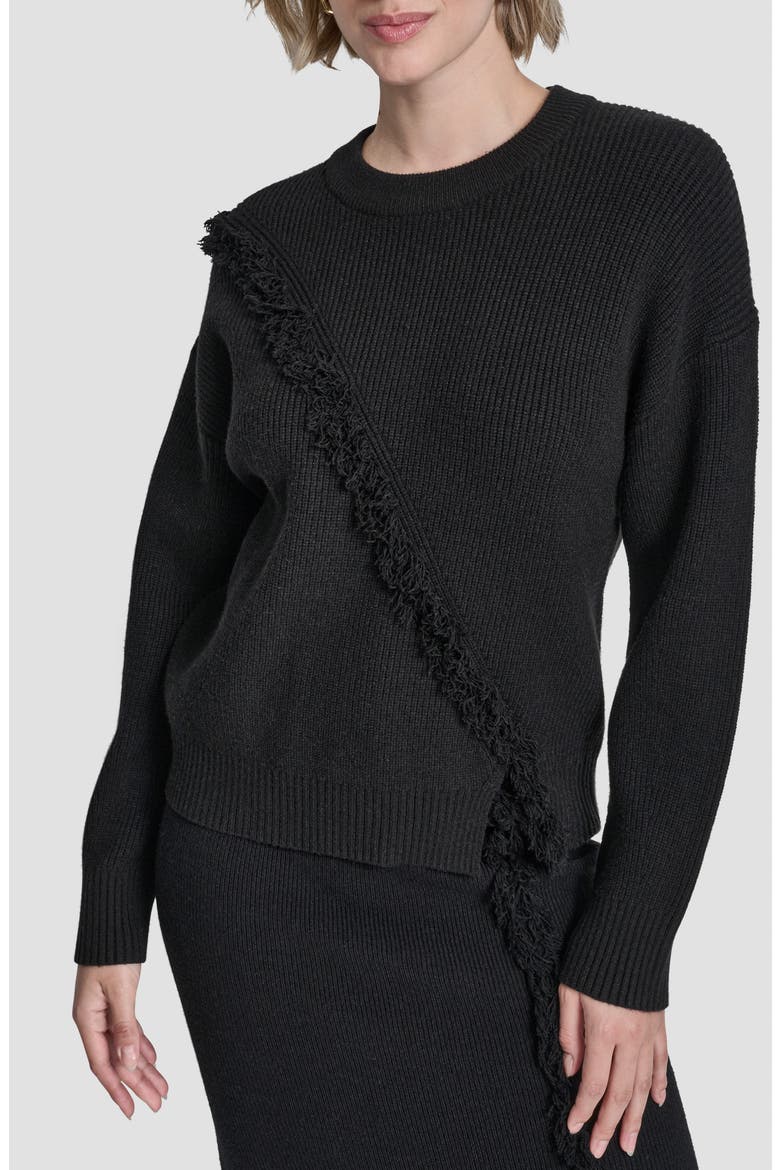 Fringe Detail Rib Sweater, Main, color, BLACK