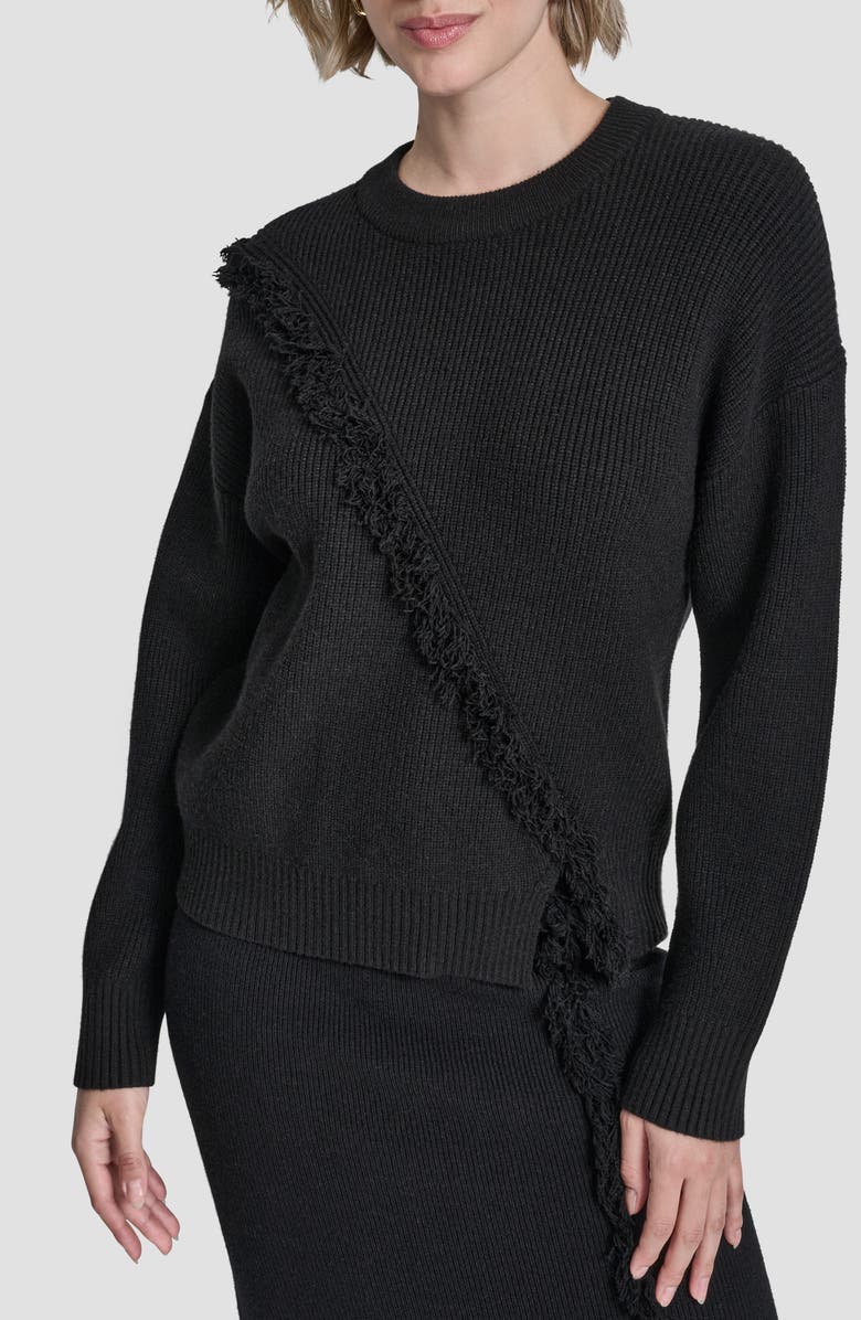 DKNY Fringe Detail Rib Sweater, Main, color, Black