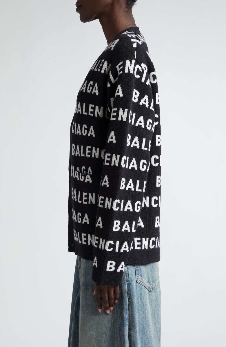 Balenciaga Logo Jacquard Wool Blend V-Neck Cardigan, Alternate, color, 
