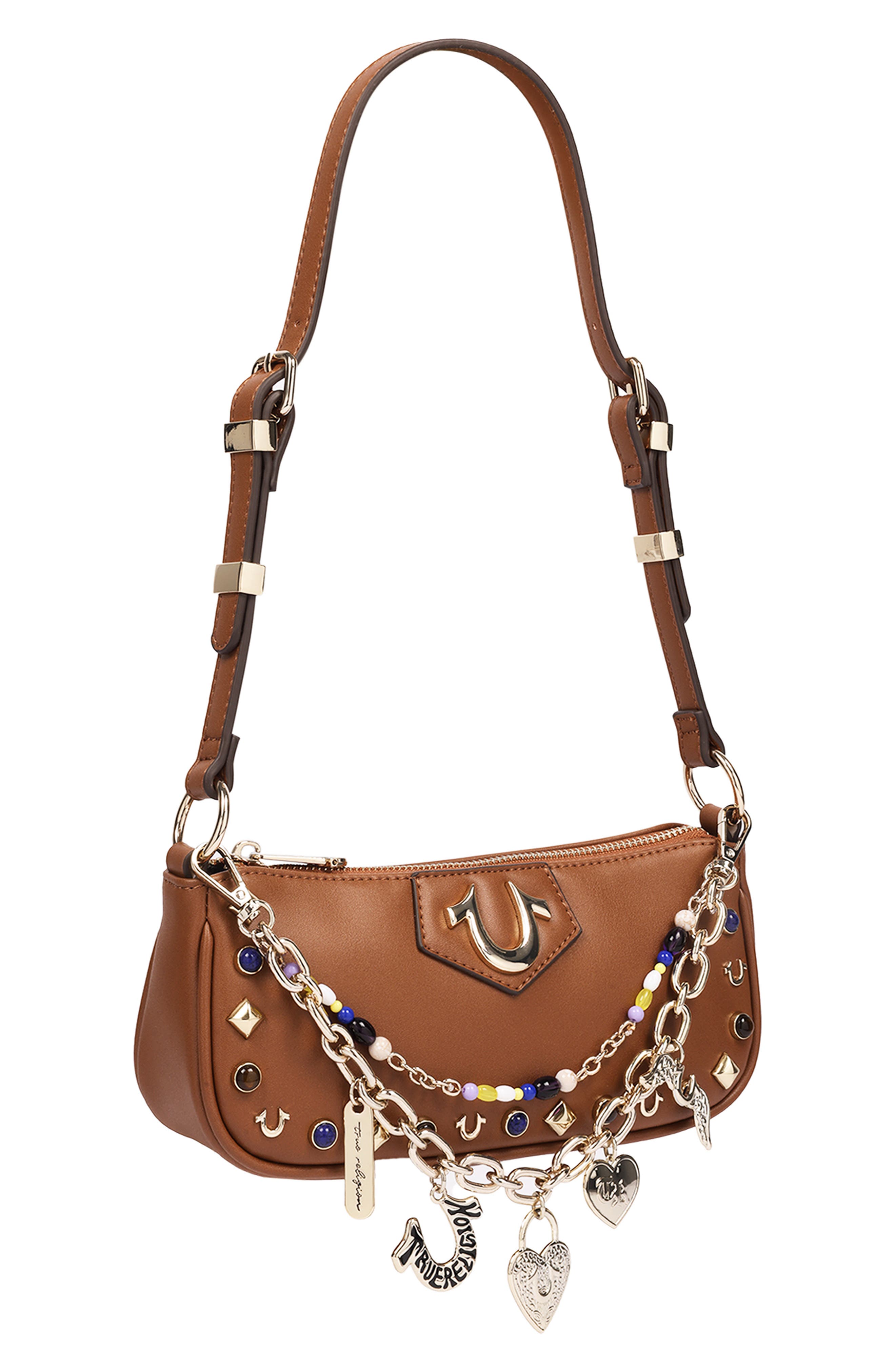 Chain and Studs Faux Leather Shoulder Bag, Alternate, color, COGNAC