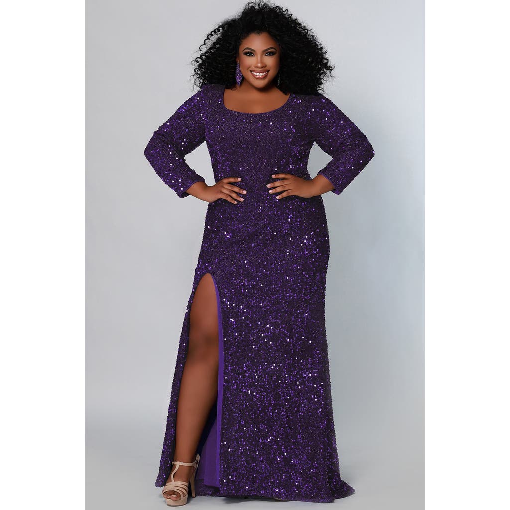 Sydney's Closet Long Sleeve Fitted Scoop Neck Sequin Plus Size Gown In Purple