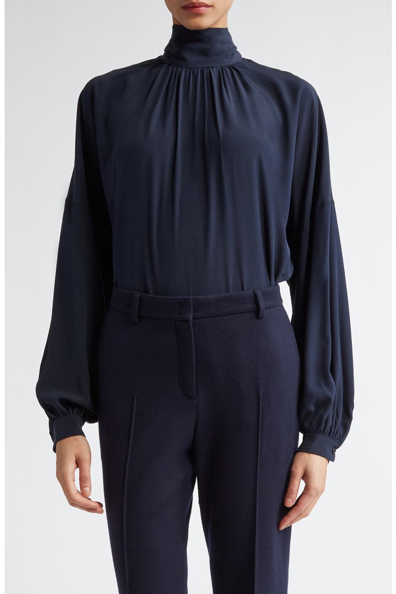 Mock Neck Silk Crêpe de Chine Shirt, Main, color, NAVY
