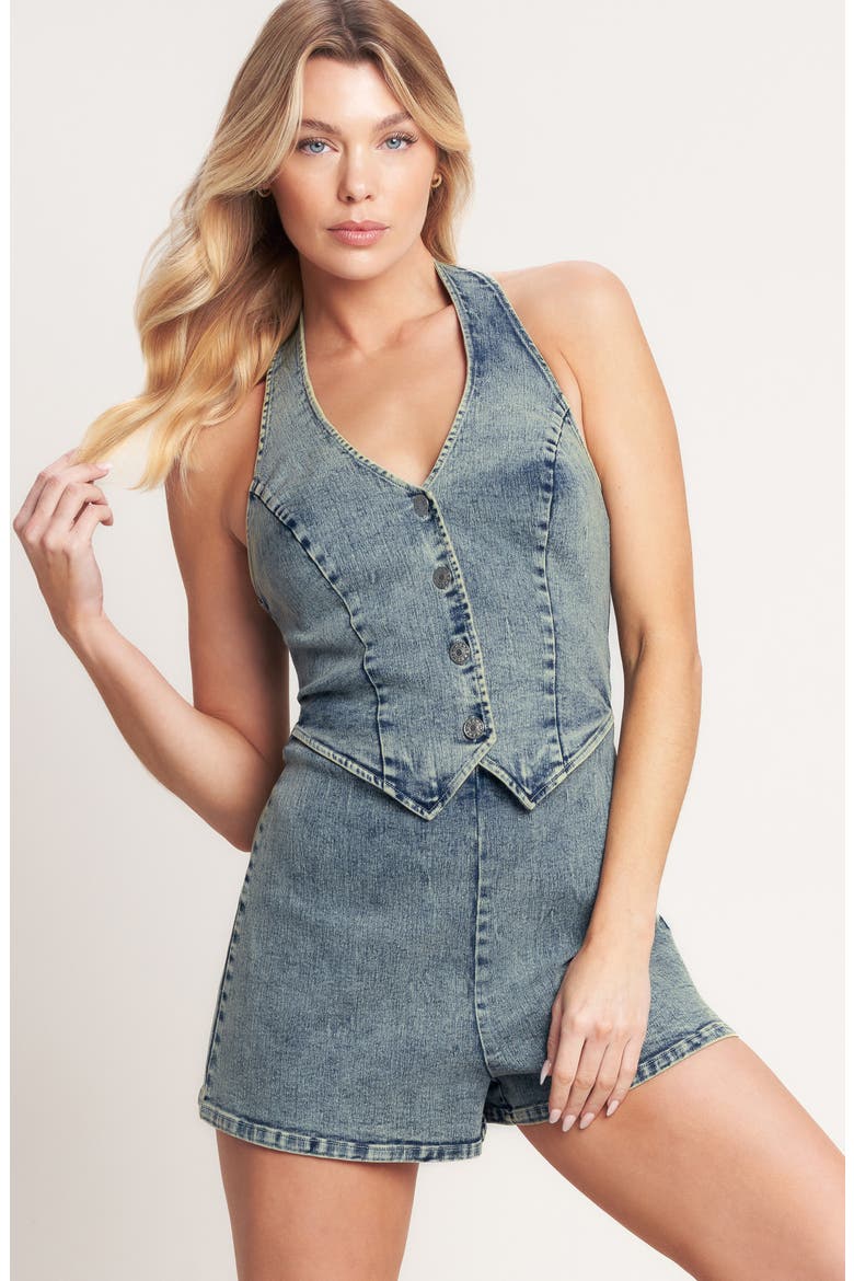 Plunge Neck Halter Denim Romper, Alternate, color, DENIM ACID