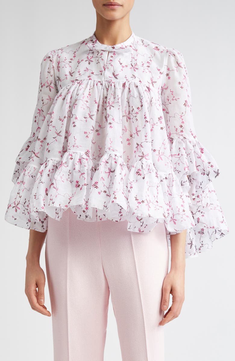 Giambattista Valli Floral Print Ruffle Cotton Lawn Top, Main, color, White/ Red