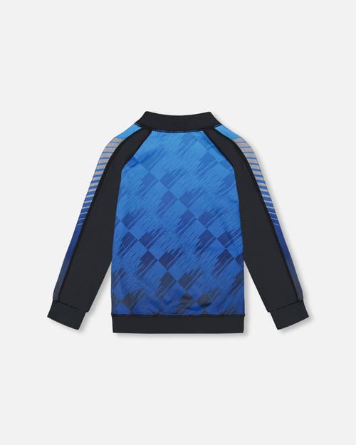 Deux Par Deux Little Boy's Printed Full Zip Athletic Cardigan Blue And Black In Blue And Black
