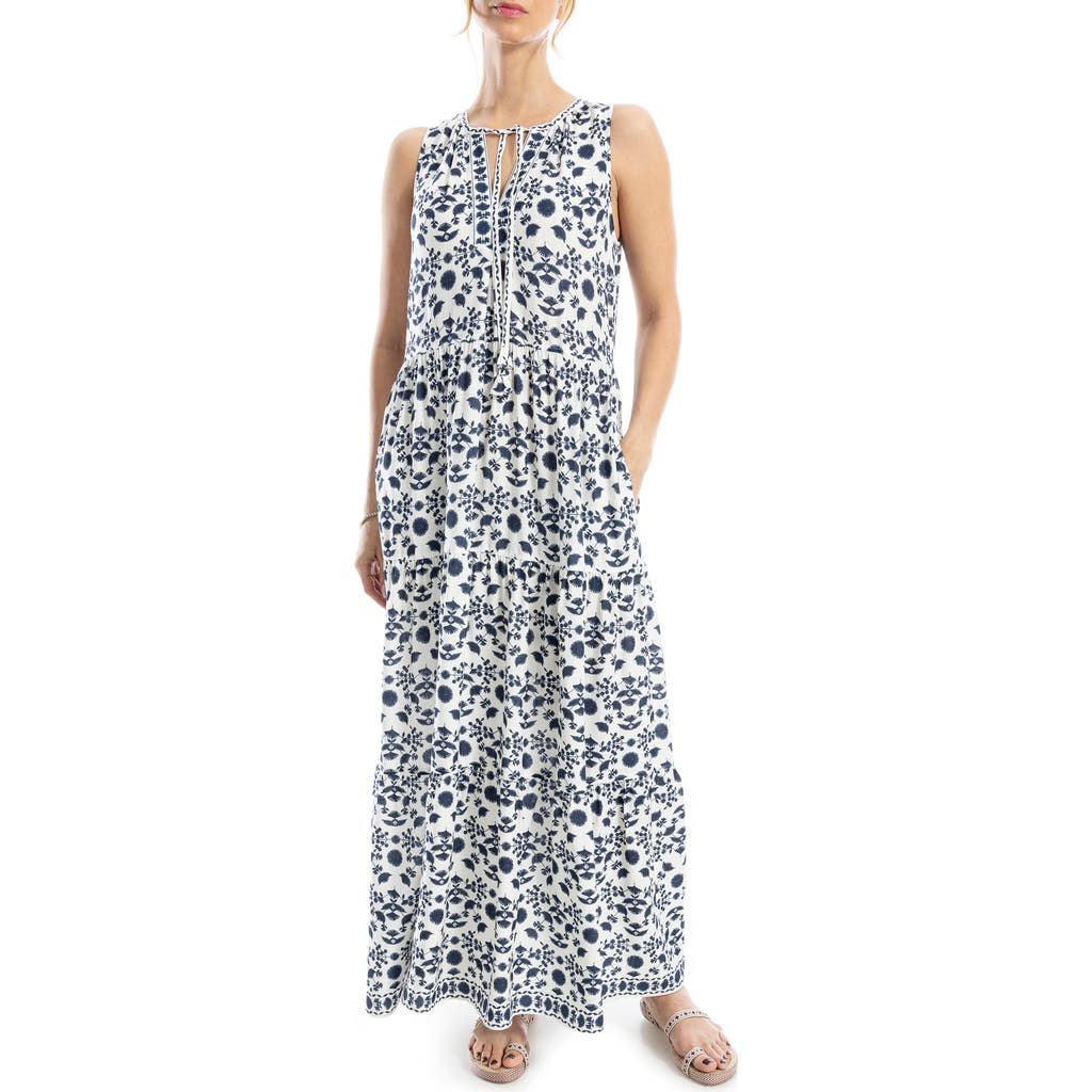 Max Studio Sleeveless Tiered Maxi Dress In Cream/navy Stitch Floral