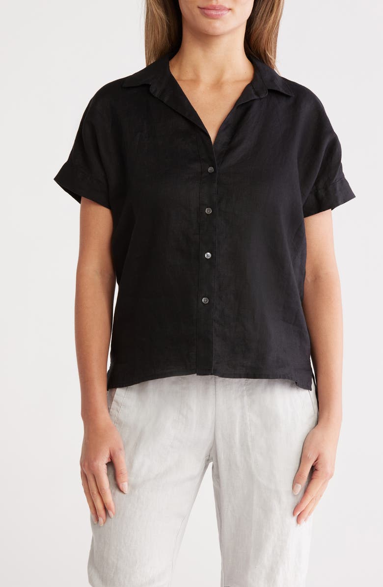 James Perse Short Sleeve Linen Button-Up Shirt, Main, color, Black