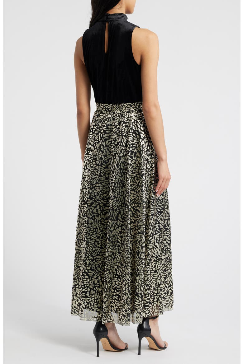 Mixed Media Metallic Print Gown, Alternate, color, GOLD/BLACK