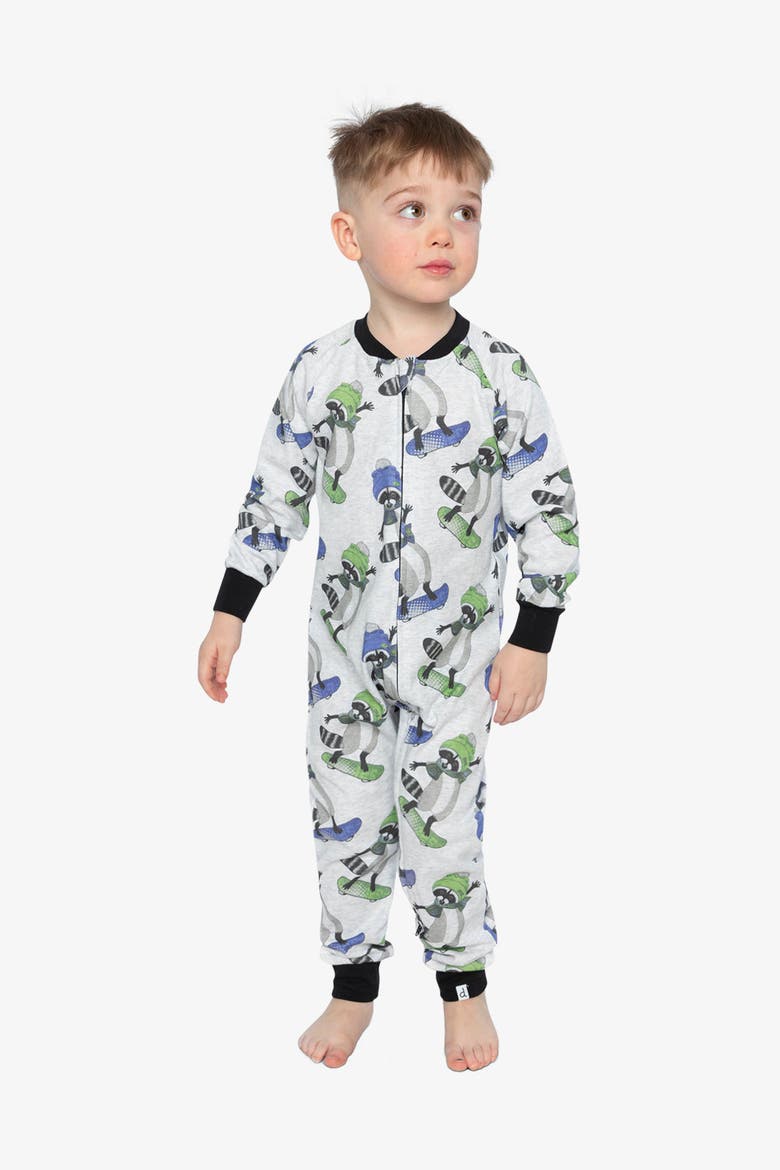 Raccoon Organic Cotton Front Zipper One Piece Pajama, Alternate, color, Beige with Raccoon Print