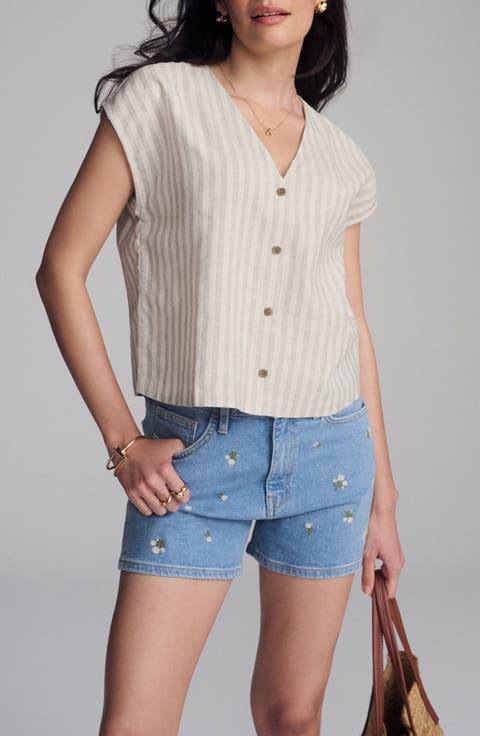 Stripe Cap Sleeve V-Neck Button-Up Shirt