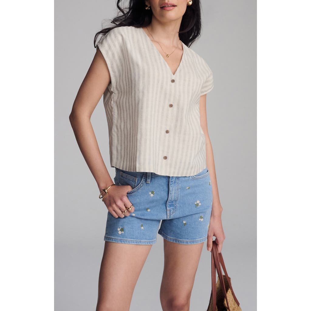 Mavi Jeans Stripe Cap Sleeve V-neck Button-up Shirt In Neutral